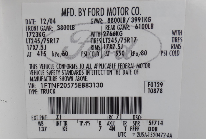 2005 Ford F-250 XL Wheel Cab & Cassis - Federal Label