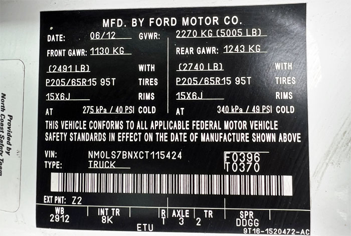 2012 Ford Transit Connect  - Federal Label